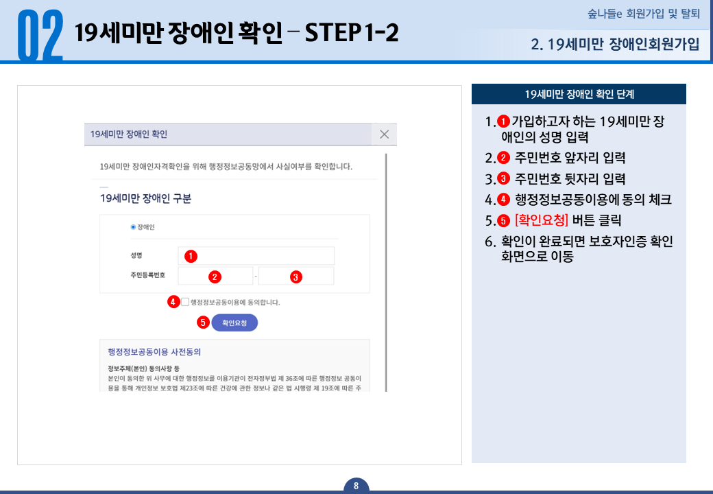 19세미만 장애인회원가입 19세미만 장애인 확인 STEP 1-2 - 1.가입하고자 하는 19세미만 장애인의 성명을 입력합니다. 2.주민번호 앞자리를 입력합니다. 3.주민번호 뒷자리를 입력합니다. 4.행정정보공동이용에 동의 체크합니다. 5.확인요청 버튼 클릭합니다. 6.확인이 완료되면 보호자인증 확인 화면으로 이동합니다.