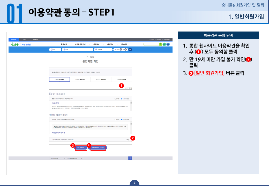 일반회원가입 이용약관 동의 STEP 1 - 1.통합 웹사이트 이용약관을 확인 후 모두 동의함을 클릭합니다. 2.만 19세 미만 가입 불가 확인 클릭 합니다. 3.일반 회원가입 버튼 클릭 합니다.