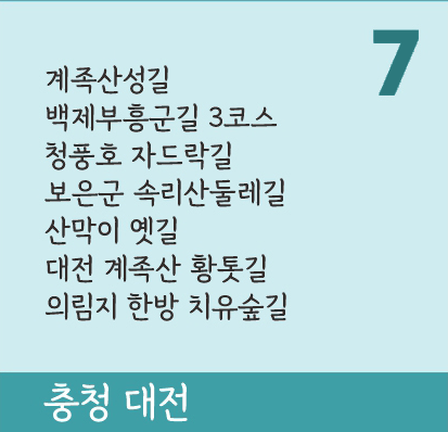 충청 대전 7개,계족산성길,백제부흥군길 3코스,청풍호 자드락길,보은군 속리산둘레길,산막이 옛길,대전 계족산 황톳길,의림지 한방 치유숲길